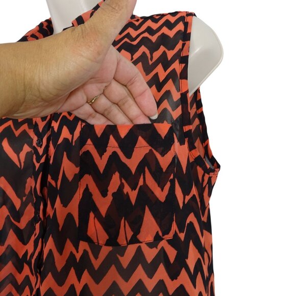 Wishful Park Sleeveless Chevron Sheer Tie Front Button up Top Women Size L Black - Picture 2 of 10